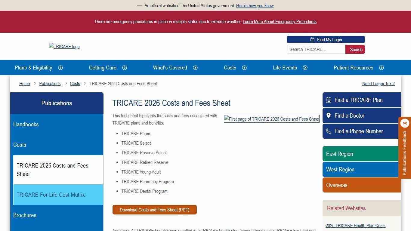 TRICARE 2026 Costs and Fees Sheet TRICARE